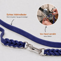Infografik Fettleder-Verlängerungsleine in Blau: echtes Vollrindleder, von Hand vernäht, keine Nieten
