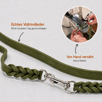 Infografik Fettleder-Verlängerungsleine in Oliv: echtes Vollrindleder, von Hand vernäht, keine Nieten
