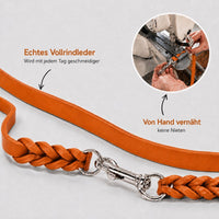 Infografik Fettleder-Verlängerungsleine in Orange: echtes Vollrindleder, von Hand vernäht, keine Nieten