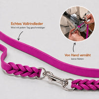 Infografik Fettleder-Verlängerungsleine in Pink: echtes Vollrindleder, von Hand vernäht, keine Nieten