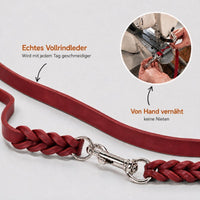 Infografik Fettleder-Verlängerungsleine in Rot: echtes Vollrindleder, von Hand vernäht, keine Nieten