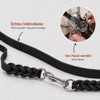 Infografik Fettleder-Verlängerungsleine in Schwarz: echtes Vollrindleder, von Hand vernäht, keine Nieten