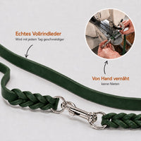 Infografik Fettleder-Verlängerungsleine in Tannengrün: echtes Vollrindleder, von Hand vernäht, keine Nieten