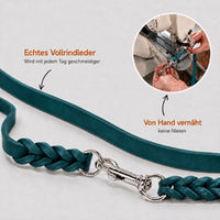 Infografik Fettleder-Verlängerungsleine in Türkis: echtes Vollrindleder, von Hand vernäht, keine Nieten