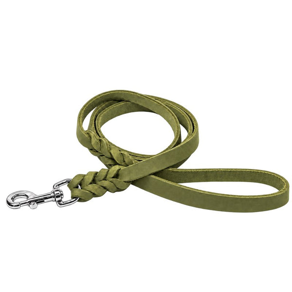 Breite Fettlederleine mit Handschlaufe in Oliv, geflochtenes Ende mit silberfarbenem Karabiner