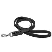 Breite Leine aus Fettleder in Schwarz mit Handschlaufe, geflochtenem Ende und silberfarbenem Karabiner