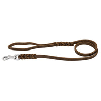 Fettlederleine in Braun mit Handschlaufe, zwei Flechtstellen und Edelstahlkarabiner