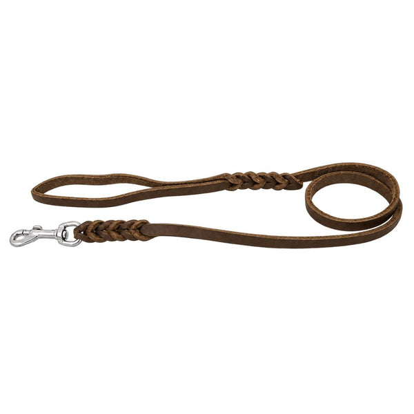 Fettlederleine in Braun mit Handschlaufe, zwei Flechtstellen und Edelstahlkarabiner