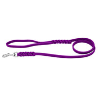 Fettlederleine in Lila mit Handschlaufe, zwei Flechtstellen und Edelstahlkarabiner