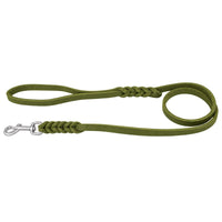Fettlederleine in Oliv mit Handschlaufe, zwei Flechtstellen und Edelstahlkarabiner