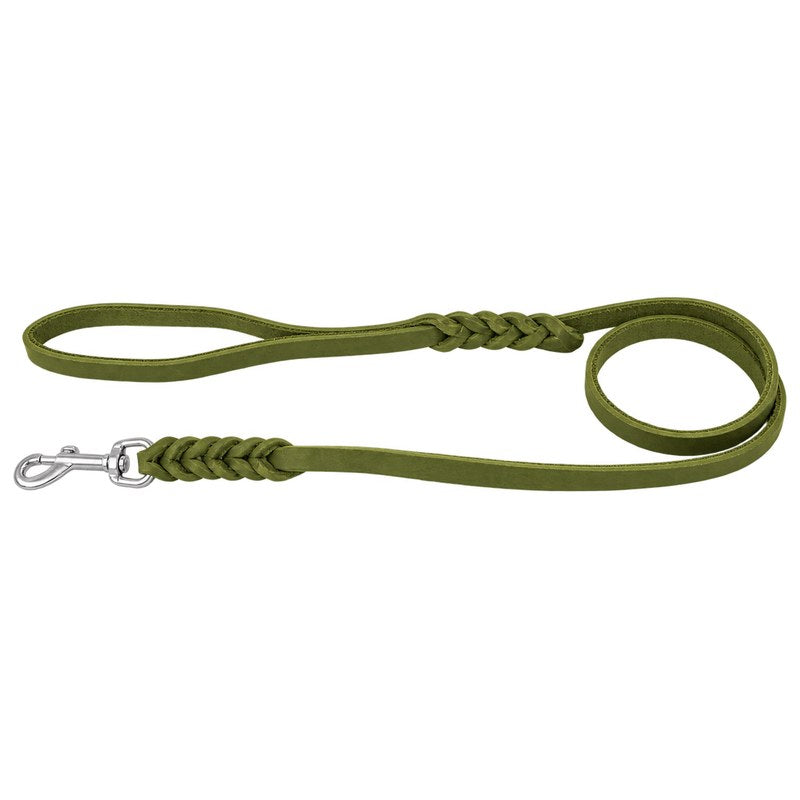 Fettlederleine in Oliv mit Handschlaufe, zwei Flechtstellen und Edelstahlkarabiner