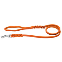 Fettlederleine in Orange mit Handschlaufe, zwei Flechtstellen und Edelstahlkarabiner