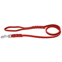 Fettlederleine in Rot mit Handschlaufe, zwei Flechtstellen und Edelstahlkarabiner