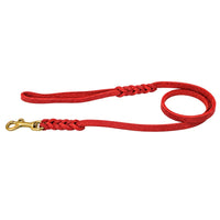 Fettlederleine in Rot mit Handschlaufe, zwei Flechtstellen und Karabiner aus Messing