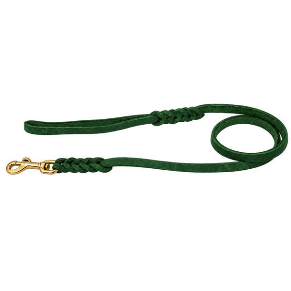 Fettlederleine in Tannengrün mit Handschlaufe, zwei Flechtstellen und Karabiner aus Messing