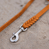 Detail: geflochtenes Ende mit Edelstahlkarabiner an Fettlederleine in Cognac auf Sand