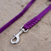 Detail: geflochtenes Ende mit Edelstahlkarabiner an Fettlederleine in Lila auf Sand