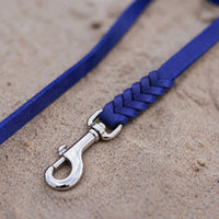 Detail: geflochtenes Ende mit Edelstahlkarabiner an Fettlederleine in kräftigem Blau auf Sand