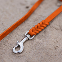 Detail: geflochtenes Ende mit Edelstahlkarabiner an Fettlederleine in Orange auf Sand