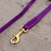 Detail: geflochtenes Ende mit Messingkarabiner an Fettlederleine in Lila auf Sand