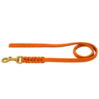 Fettlederleine ohne Handschlaufe in Orange, geflochtenes Ende mit Karabiner aus Messing