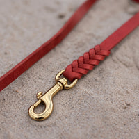 Detail: geflochtenes Ende mit Messingkarabiner an Fettlederleine in Rot auf Sand