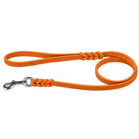 Fettlederleine in Orange mit Handschlaufe, zwei Flechtstellen und Chromkarabiner