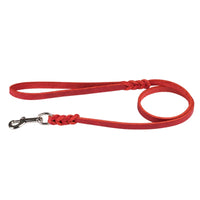 Fettlederleine in Rot mit Handschlaufe, zwei Flechtstellen und Chromkarabiner