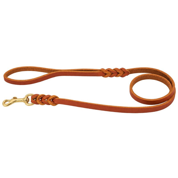 Fettlederleine mit Handschlaufe in Cognac, Messing-Karabiner und geflochtene Verbindungen