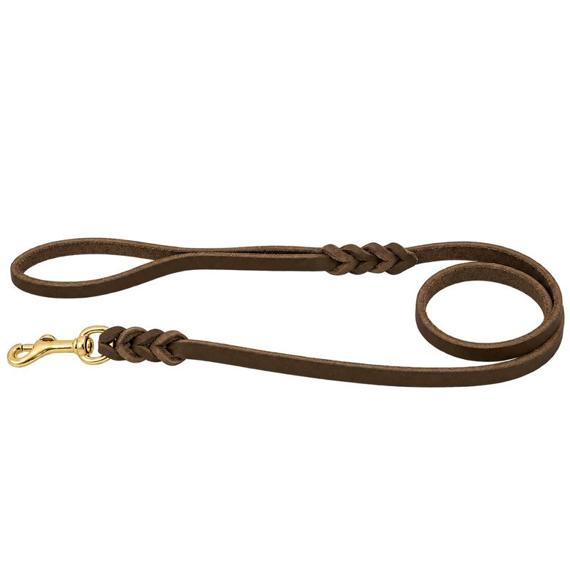 Führleine mit Handschlaufe aus Fettleder in Dunkelbraun mit Messing-Karabiner und geflochtenen Enden