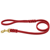 Fettlederleine mit Handschlaufe in Rot, Messing-Karabiner und geflochtene Verbindungen
