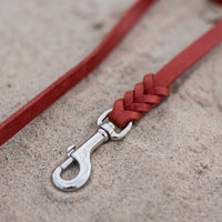 Detail: Chrom-Karabiner und Flechtverbindung einer Fettlederleine in Rot auf Sand