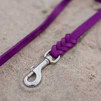 Detail: Edelstahl-Karabiner und Flechtverbindung einer Fettlederleine in Lila auf Sand