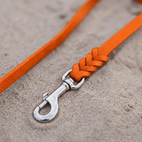 Detail: Edelstahl-Karabiner und Flechtverbindung einer Fettlederleine in Orange auf Sand