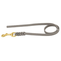 Fettlederleine ohne Handschlaufe in Grau, Messing-Karabiner und geflochtene Verbindung