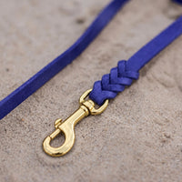 Detail: Messing-Karabiner und Flechtverbindung einer Fettlederleine in Blau auf Sand