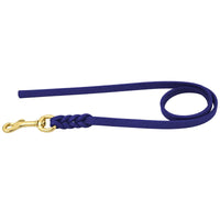 Fettlederleine ohne Handschlaufe in Violettblau, Messing-Karabiner und geflochtene Verbindung