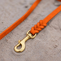 Detail: Messing-Karabiner und Flechtverbindung einer Fettlederleine in Orange auf Sand