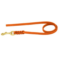 Fettlederleine ohne Handschlaufe in Orange, Messing-Karabiner und geflochtene Verbindung
