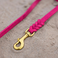 Detail: Messing-Karabiner und Flechtverbindung einer Fettlederleine in Pink auf Sand