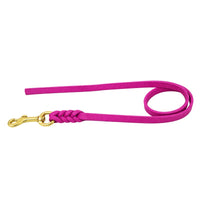 Fettlederleine ohne Handschlaufe in Pink, Messing-Karabiner und geflochtene Verbindung