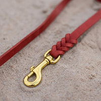 Detail: Messing-Karabiner und Flechtverbindung einer Fettlederleine in Rot auf Sand
