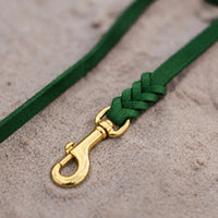 Detail: Messing-Karabiner und Flechtverbindung einer Fettlederleine in Grün auf Sand