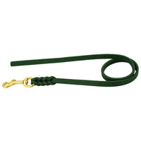 Fettlederleine ohne Handschlaufe in Tannengrün, Messing-Karabiner und geflochtene Verbindung