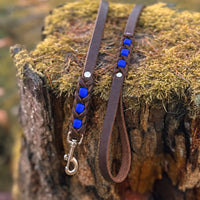 Führleine Melange aus dunkelbraunem Leder mit blauen Einsätzen auf moosbewachsenem Baumstumpf