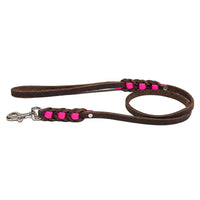 Führleine Melange mit Biothane-Einsätzen in Neonpink, dunkelbraunem Fettleder und Edelstahl-Karabiner