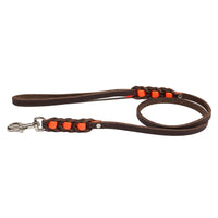 Führleine Melange mit Biothane-Einsätzen in Neonorange, dunkelbraunem Fettleder und Chrom-Karabiner