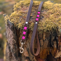 Führleine Melange aus dunkelbraunem Leder mit Einsätzen in Neonpink auf moosbewachsenem Baumstumpf