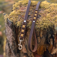 Führleine Melange aus dunkelbraunem Leder mit Einsätzen in Tan auf moosbewachsenem Baumstumpf