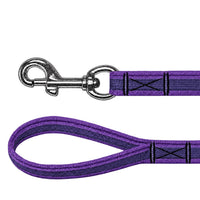 Gummierte Führleine in Lila mit dunkellila Mittelstreifen: Karabiner und Handschlaufe mit Kreuznaht